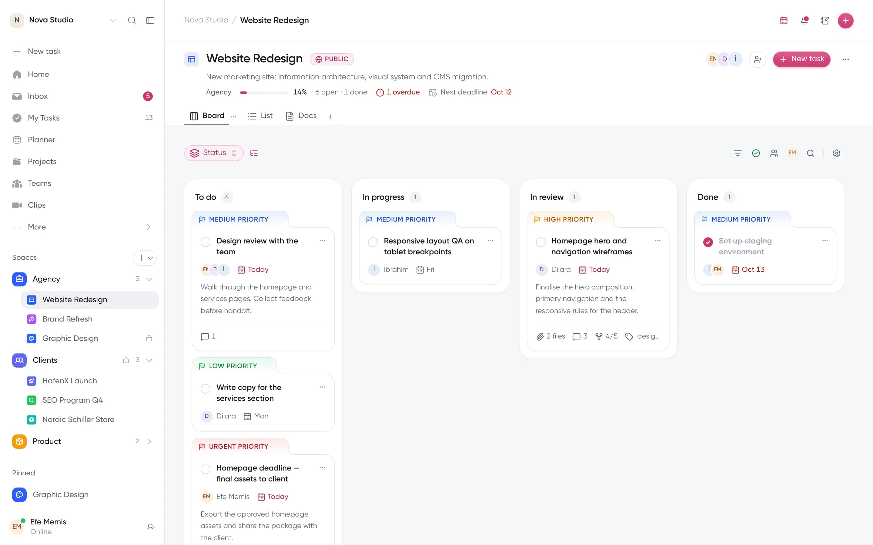 A project board with tasks in To do, In progress and In review